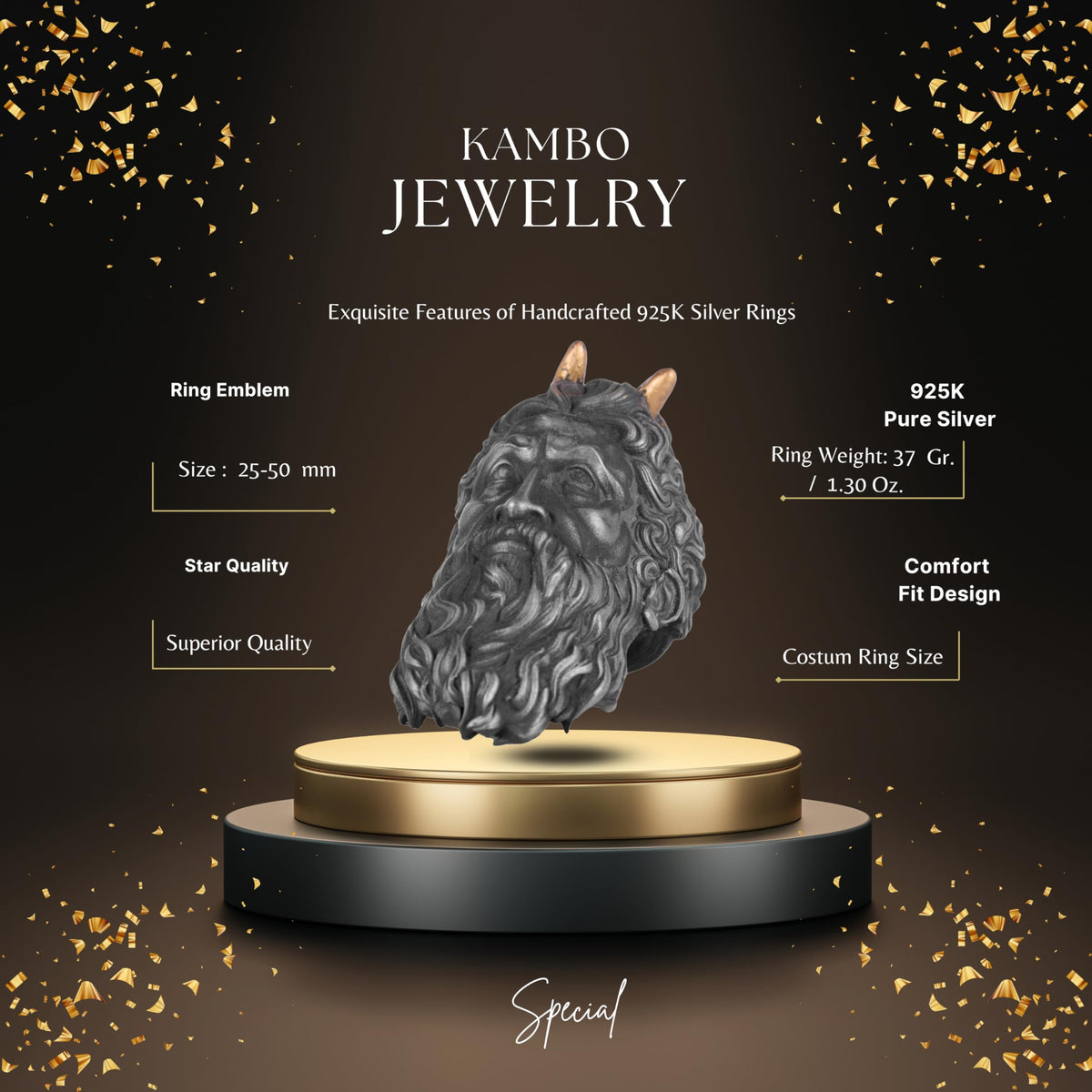 KAMBO Horned Elder Men's Ring – Gold Plated Horned 925 Sterling Silver – Mythological Bearded God Gothic Statement Ring – Handmade Artisan Jewelry — 2