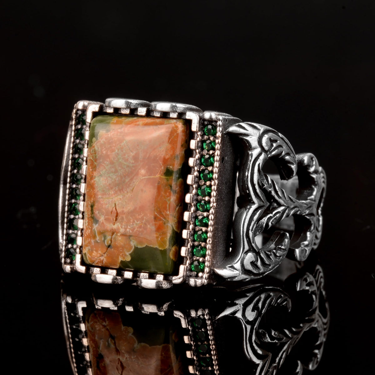 925 Sterling Silver Men's Ring, Natural Jade Ring (Model-2) — 5