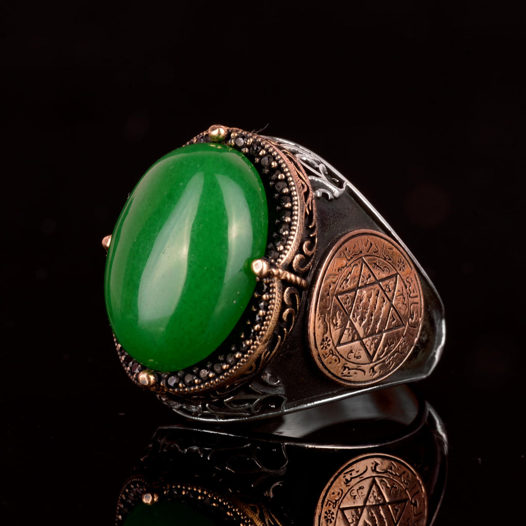 Silver Solomon's Seal Ring, Green Stone Ring — 5