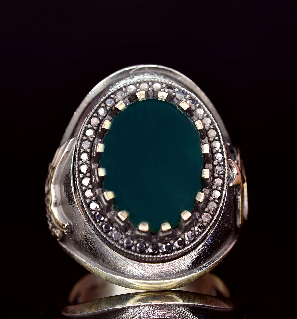 KAMBO Men's Silver Ring - With Natural Jade Gemstone and Ottoman Tugra Design — 3