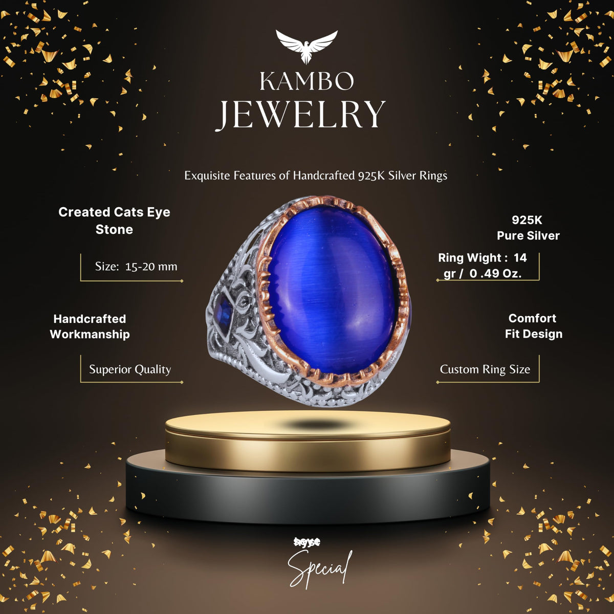 Artificial Stone Ring - Handcrafted Men's Ring - Stylish 925 Sterling Silver Men's Ring (Artificial Blue Cat's Eye) — 2