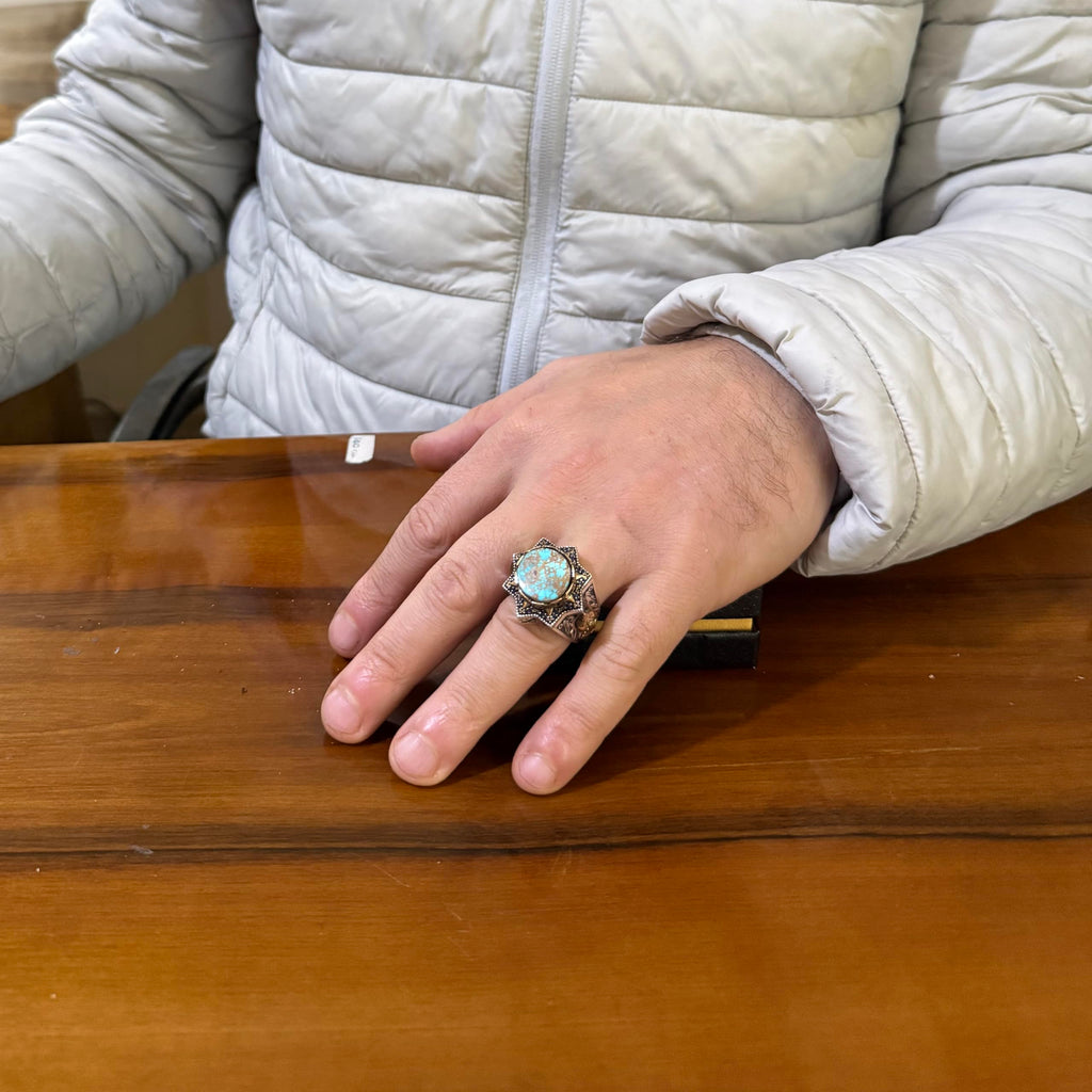 KAMBO Natural Turquoise Star Men's Ring – 925 Sterling Silver Handmade Large Statement Ring with Bronze Details — 3