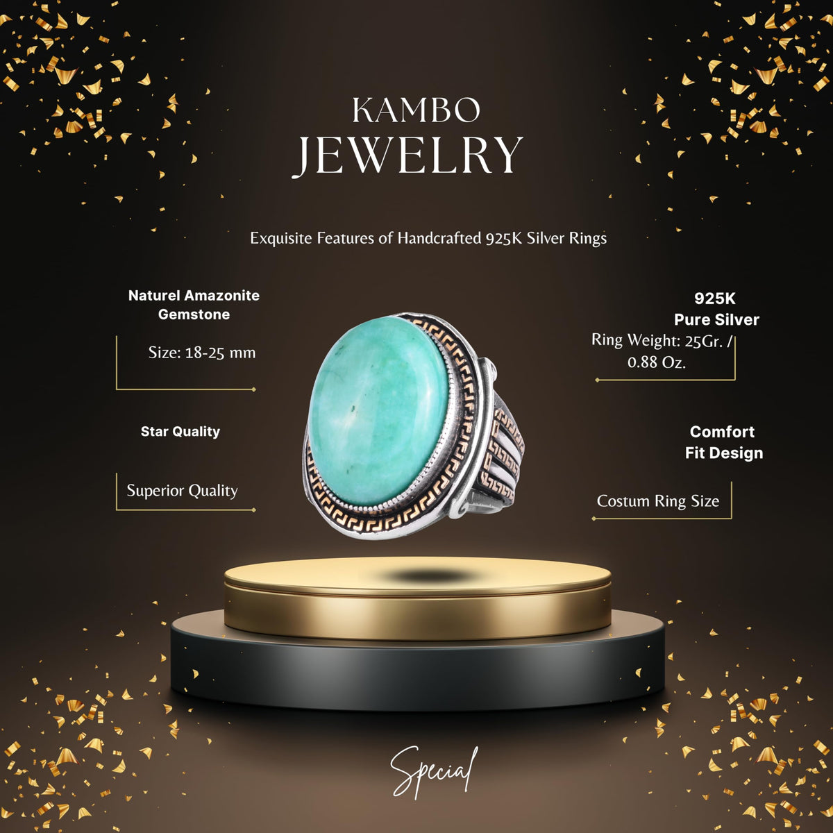 KAMBO Men's Genuine Natural Stone Ring – 925 Sterling Silver Large Statement Ring – Handmade Vintage Design – Dark Silver Ring (Amazonite) — 2