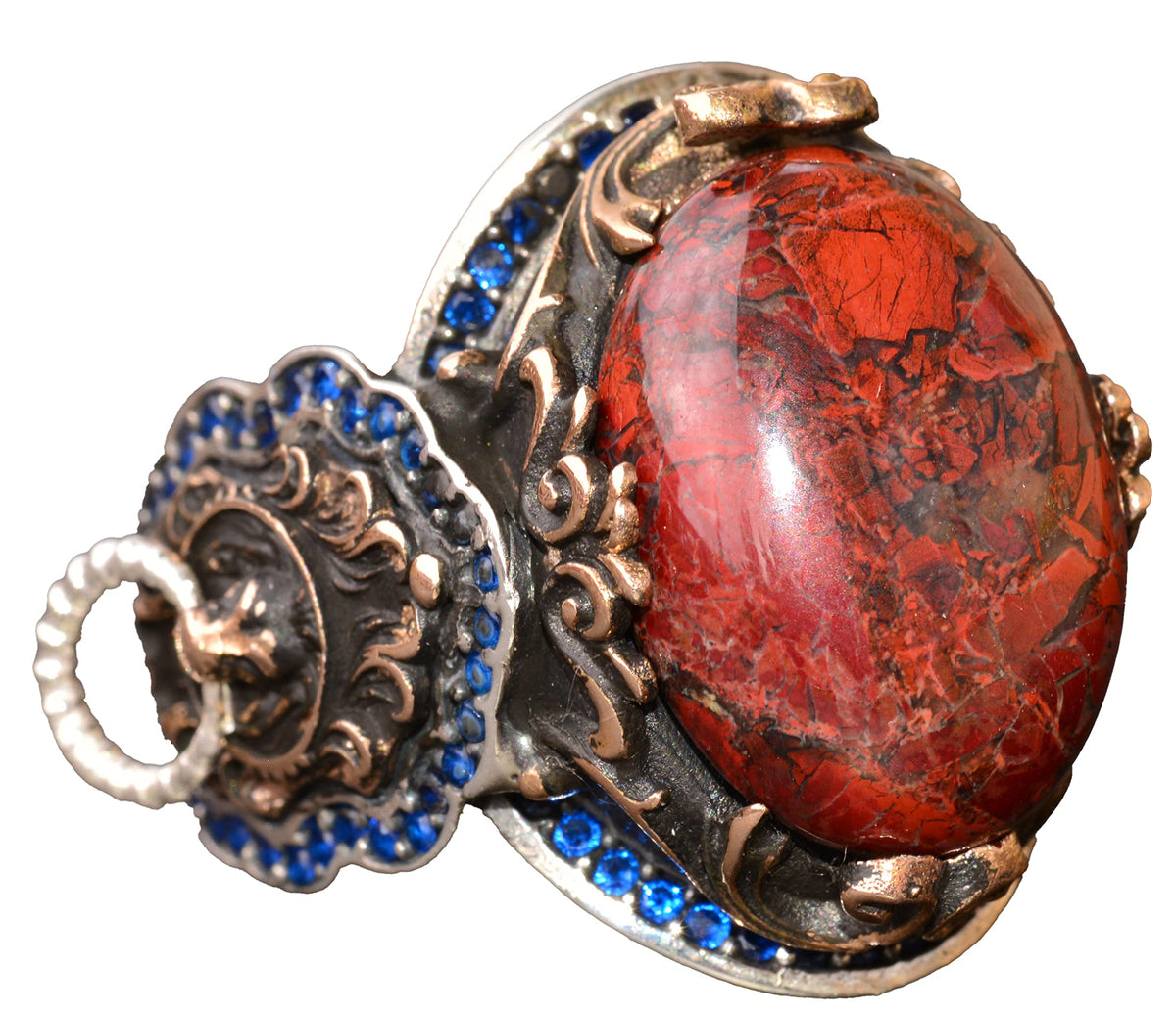 Handcrafted 925 Sterling Silver Men's Ring, Lion Design, Bloodstone Stone