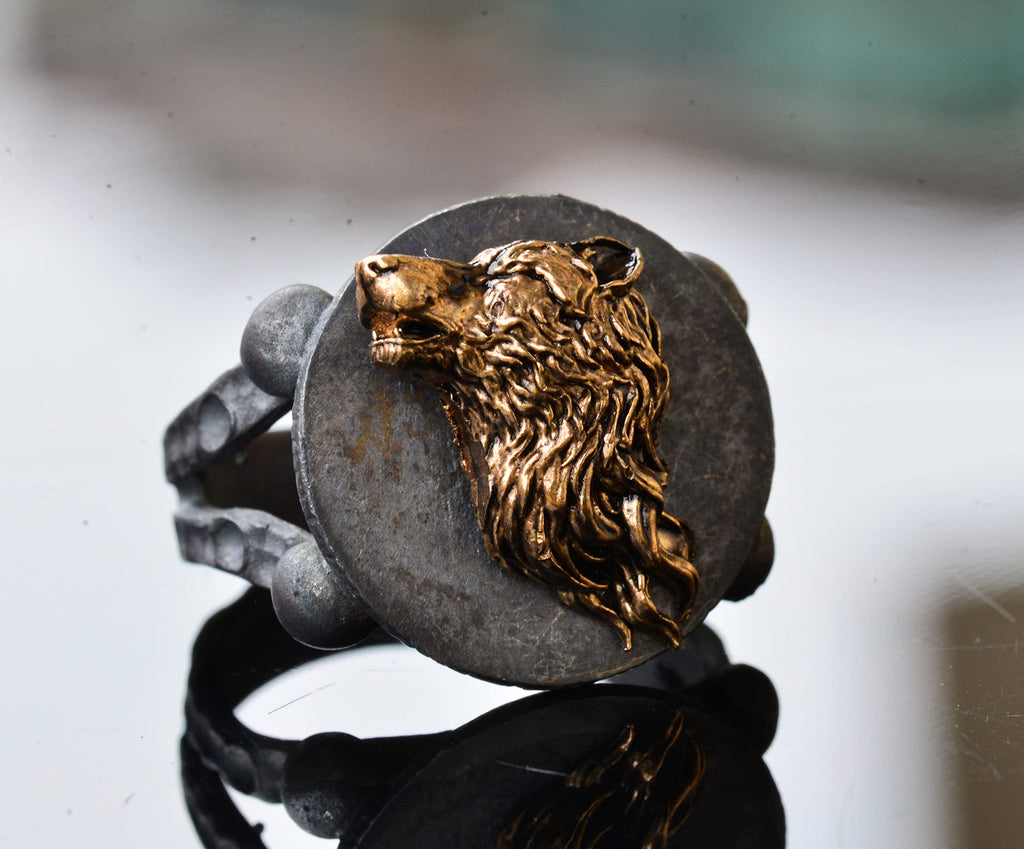 Wolf Bronze Piece Men's Statement Ring, Sterling Silver Ring For Men, Handmade Ring