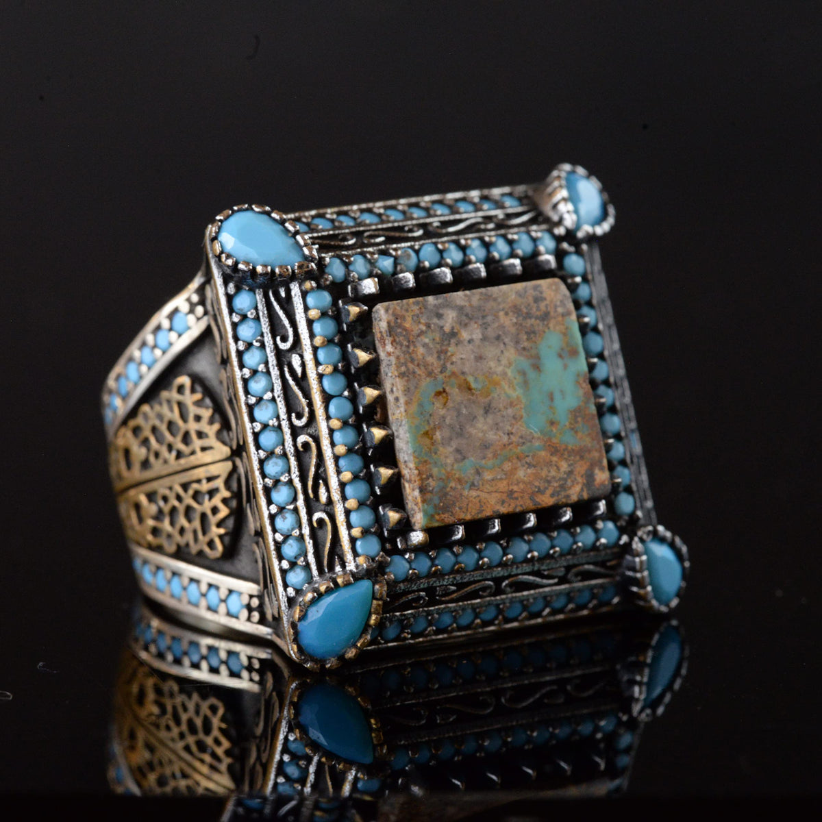 Natural Turquoise Stone Ring, Square Design - 925 Sterling Silver Men's Ring, Handcrafted Elegance — 5