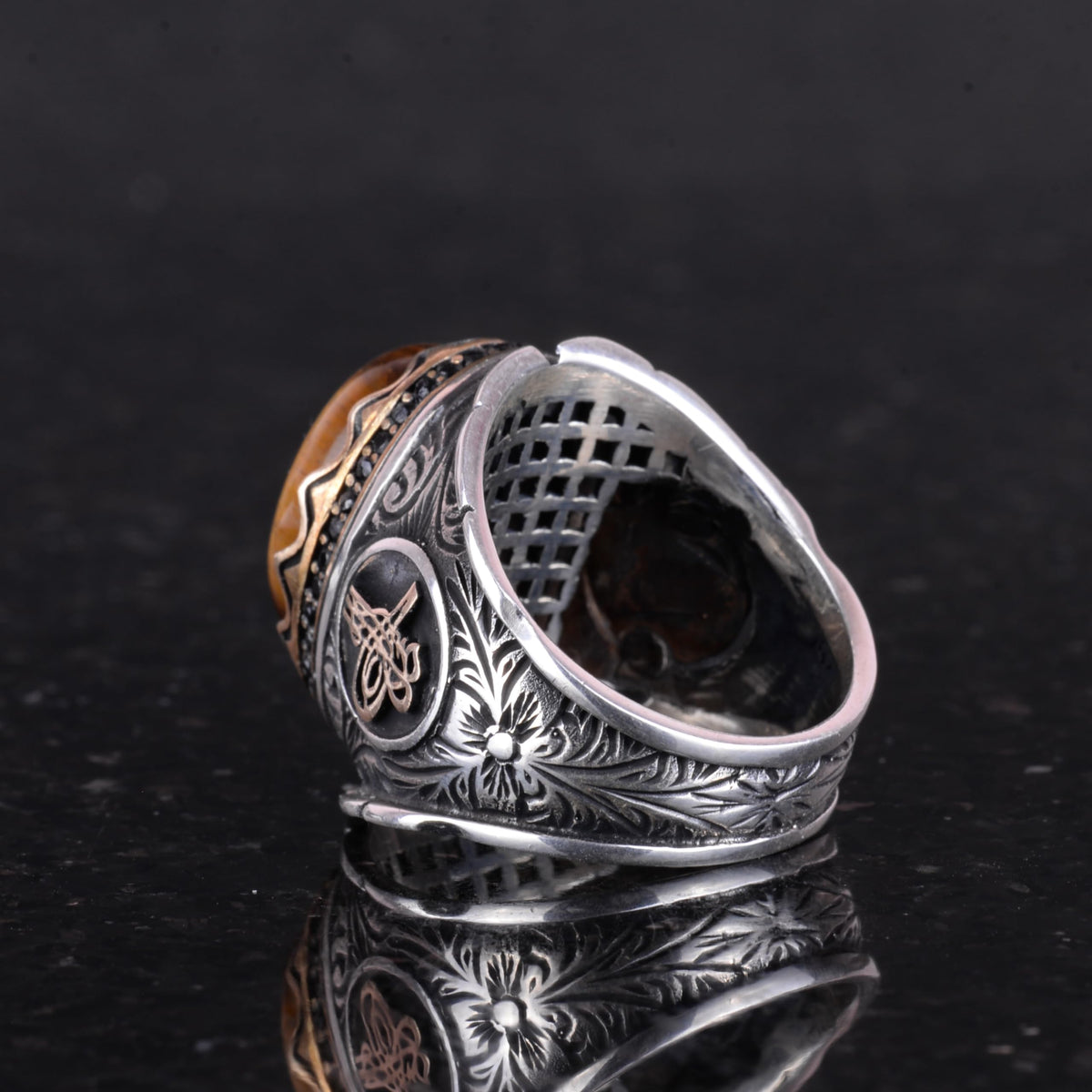 Handcrafted Cabochon Tiger's Eye Stone Ring, 925 Sterling Silver Men's Ring, Stylish Design, Ottoman Tughra Ring — 7