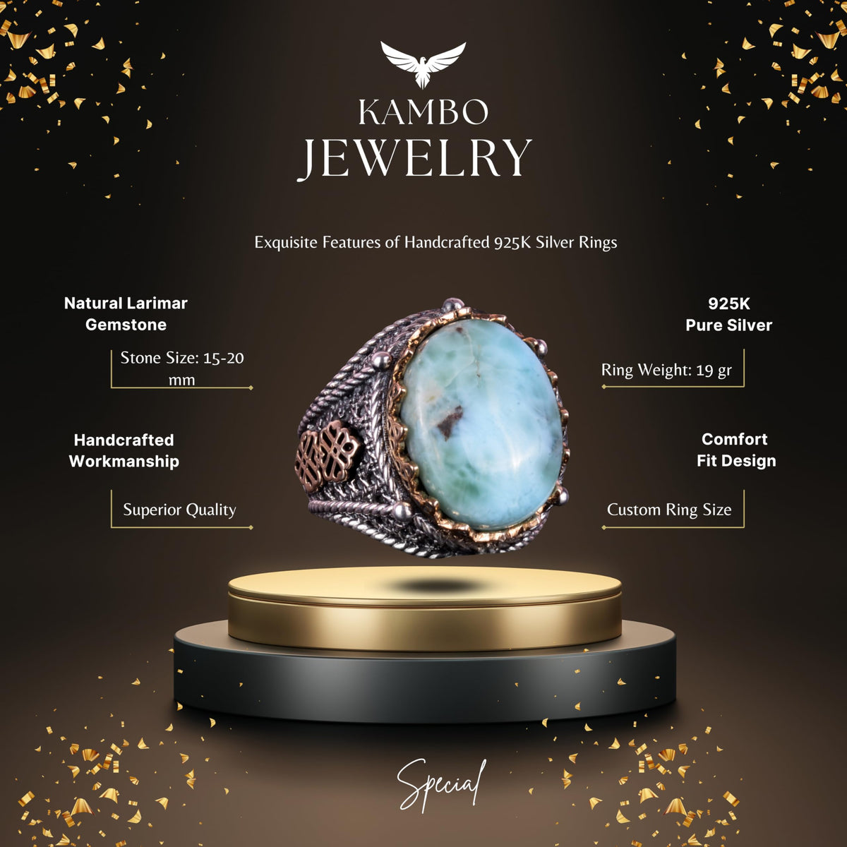 Handmade Natural Larimar Stone Ring — 6