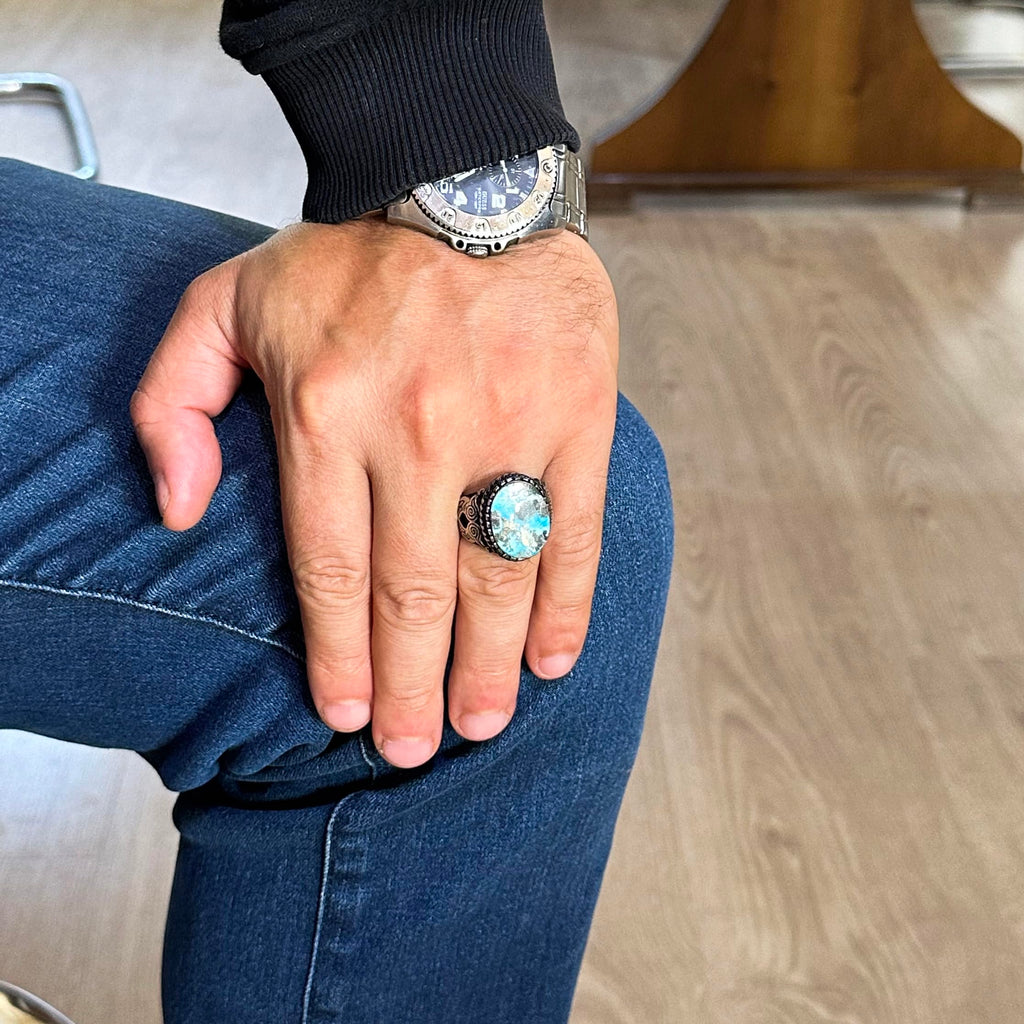 Natural Arizona Turquoise Owl Figurine Silver Men's Ring (Model-2) — 3