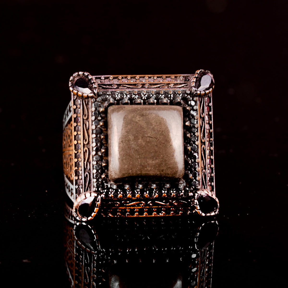 Sultan Ring - Natural Pyrite Stone, 925 Sterling Silver Men's Ring — 4