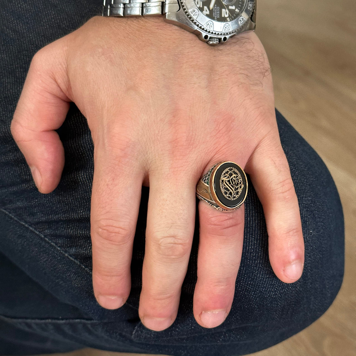 925 Sterling Silver Men's Ring, Onyx Stone and Allah Calligraphy Design — 7