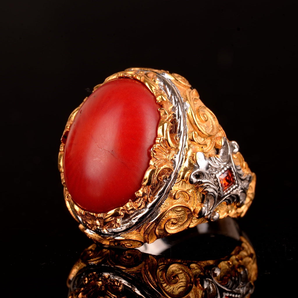 Natural Coral Stone Ring, 925 Sterling Silver — 5