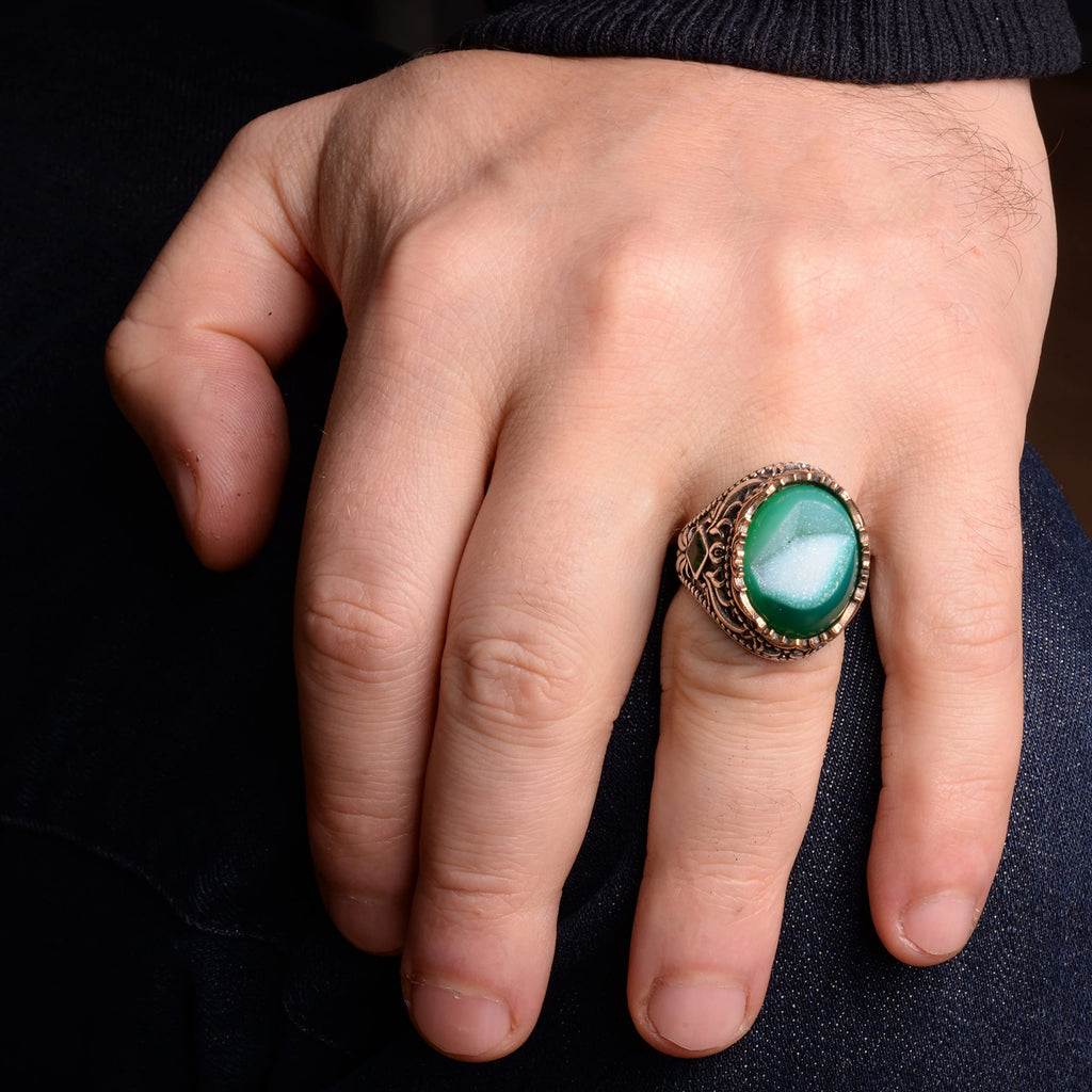 Vintage Men's 925 Sterling Silver Ring, Natural Druzy Quartz Stone — 6