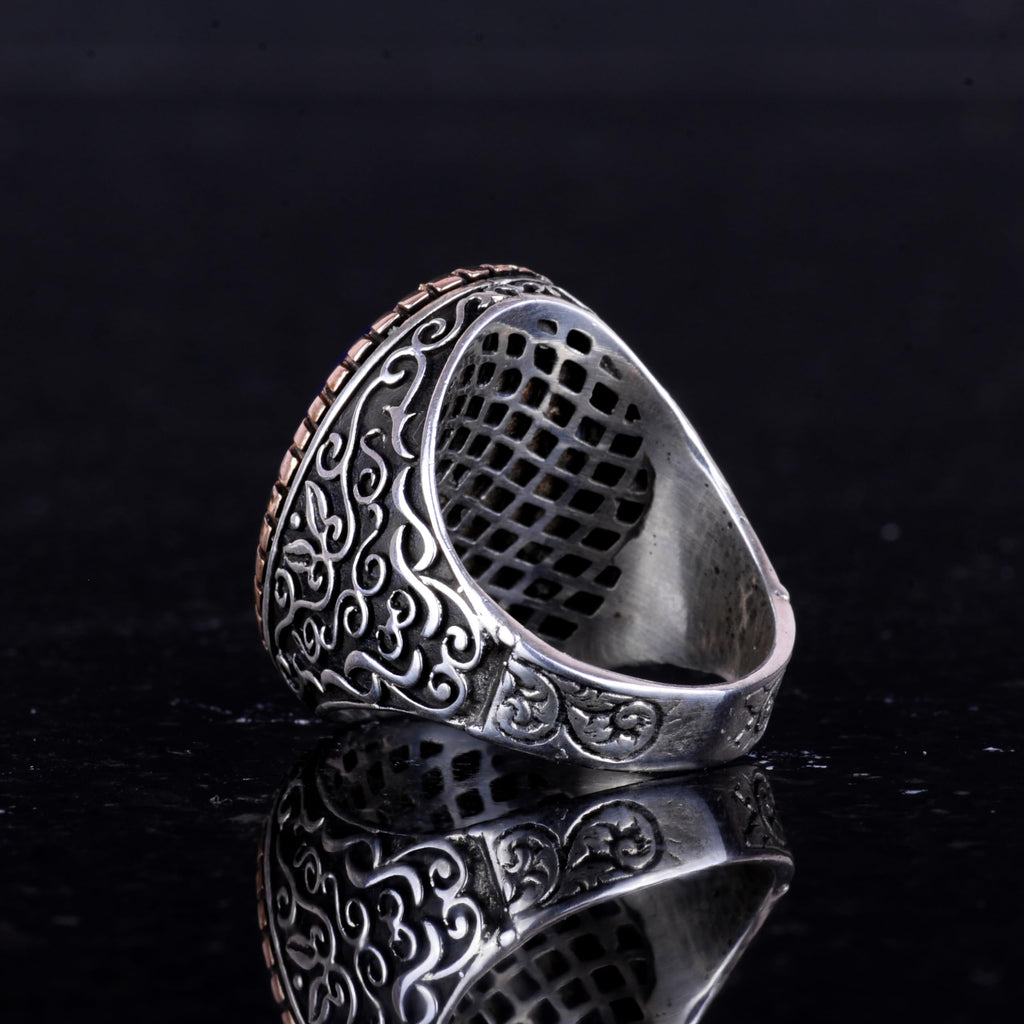 925 Sterling Silver Men's Ring - Big Ring (Dark Blue Cat Eye Stone) — 7