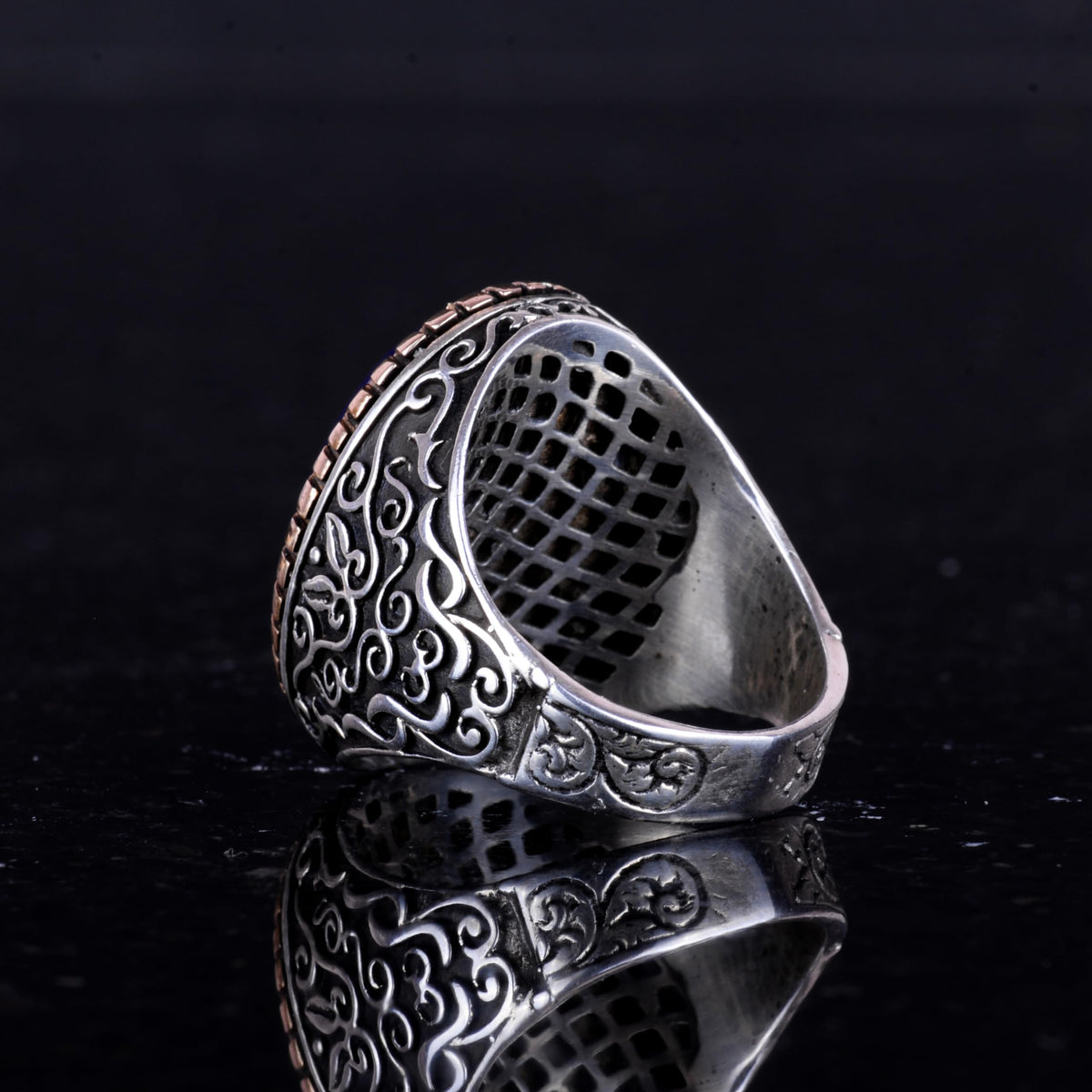 925 Sterling Silver Men's Ring - Big Ring (Dark Blue Cat Eye Stone) — 7