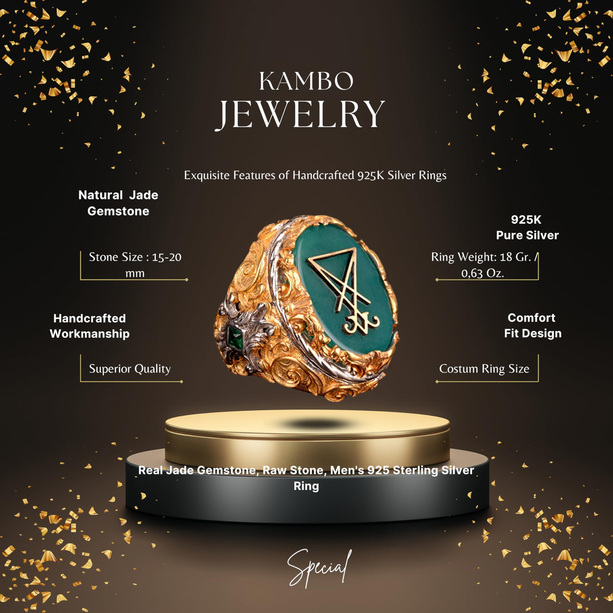 KAMBO Jade Stone Ring Men’s 925 Sterling Silver Signet Ring Handmade Gold Plated King Style Vintage Statement Jewelry Bi