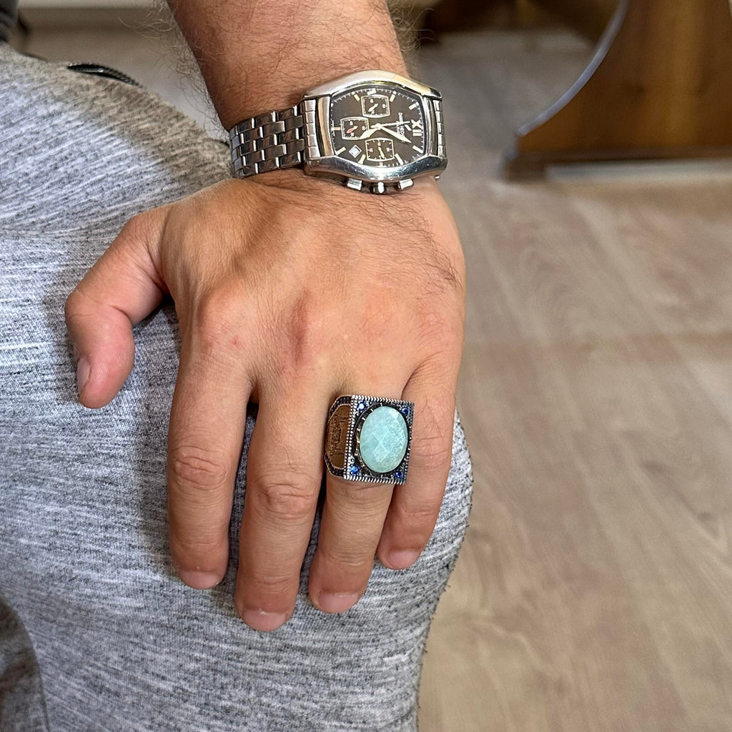 Natural Amazonite Stone Ring - 925 Sterling Silver Islamic Ring - Handmade Calligraphy Ring — 3