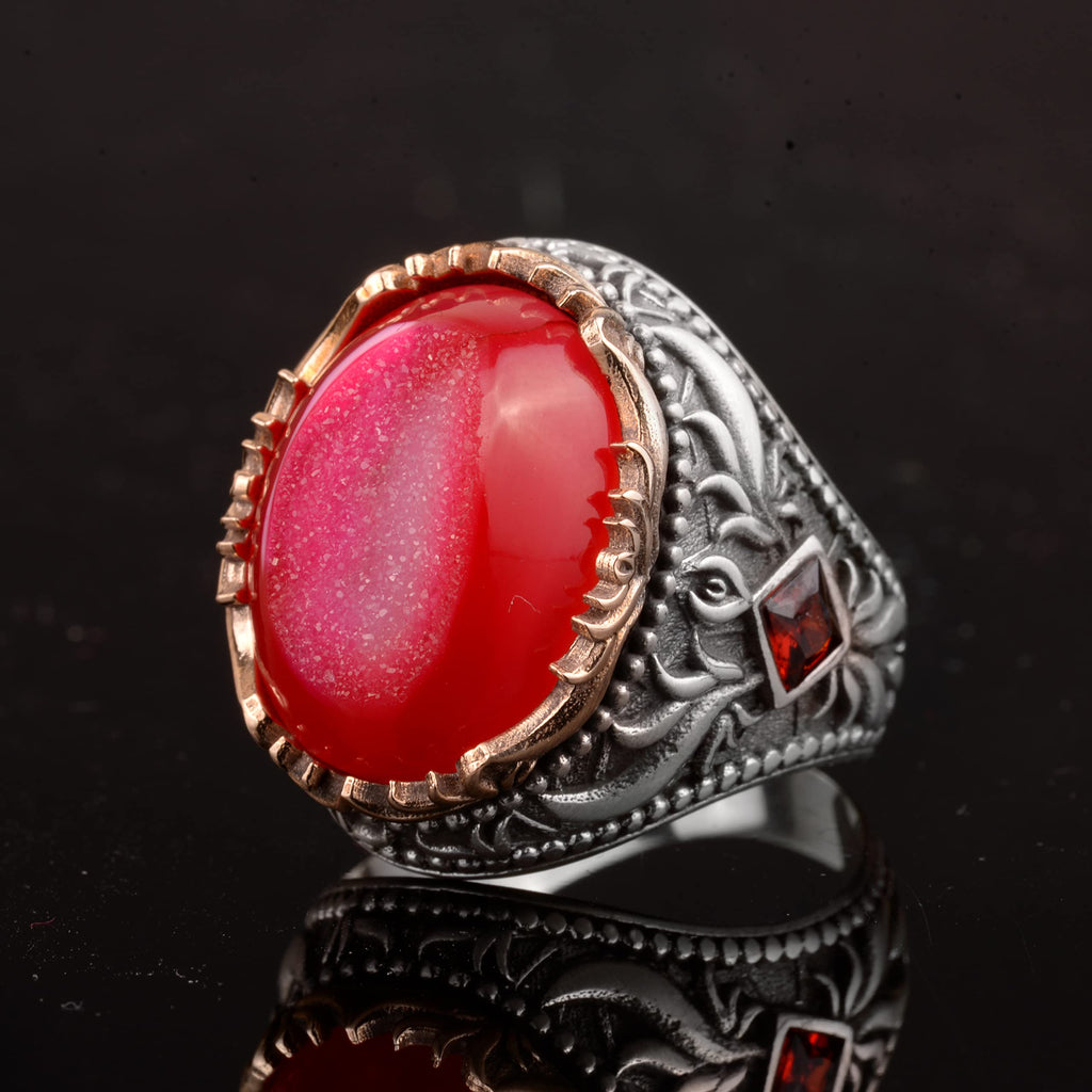 Vintage Men's 925 Sterling Silver Ring Druzy Quartz, Red — 3
