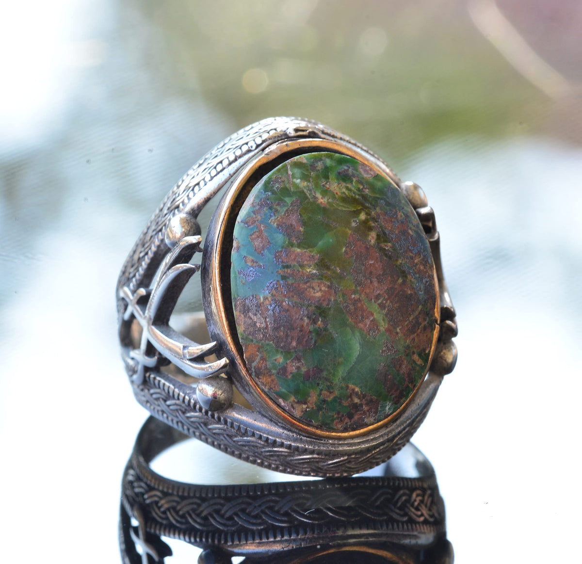 Natural Stone Ring - Silver Men's Handmade Sword Ring (Turquoise) — 3