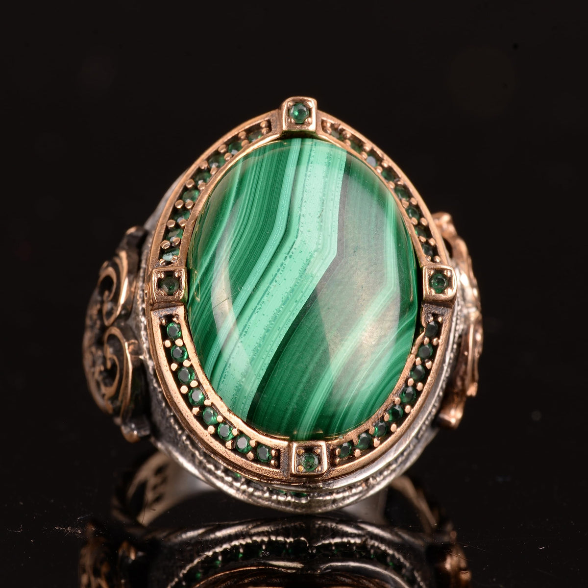 925 Sterling Silver Handcrafted Vintage Design Men's Ring - Natural Malachite — 5