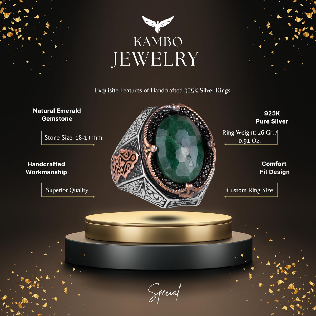Natural Emerald Stone Ring - 925 Sterling Silver — 2