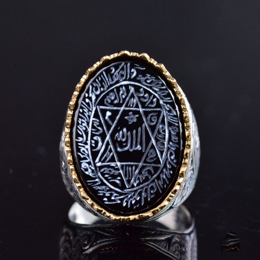 925 Sterling Silver Men's Ring, Black Onyx Stone and Seal of Solomon Design — 6