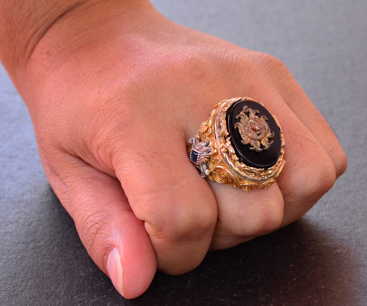 Handmade Onyx Ring - 925 Sterling Silver Men's Gold Plated Ring (Lion) — 7