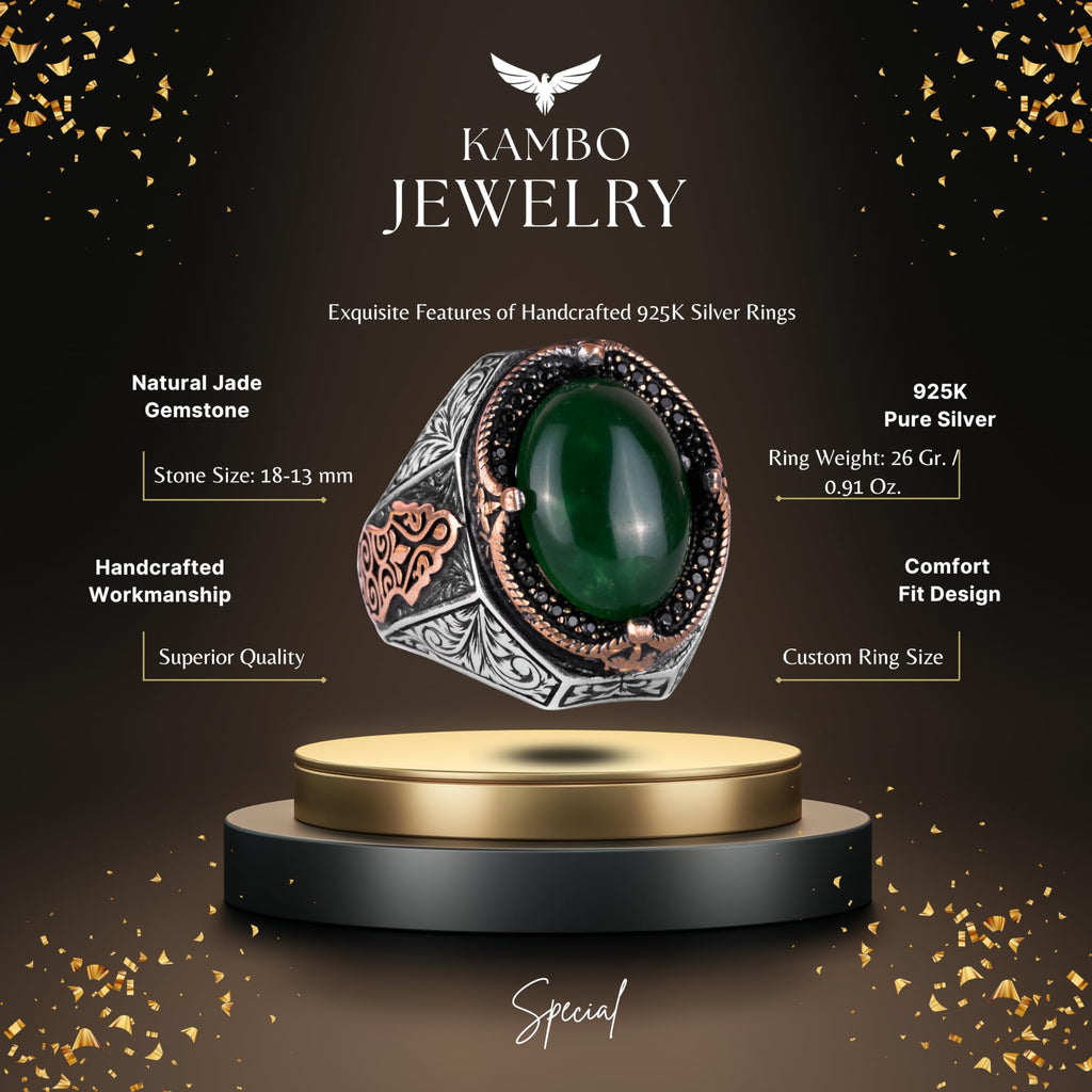 925 Sterling Silver Solid Men's Ring - Handmade Natural Jade Stone, Harmony and Abundance Design — 2
