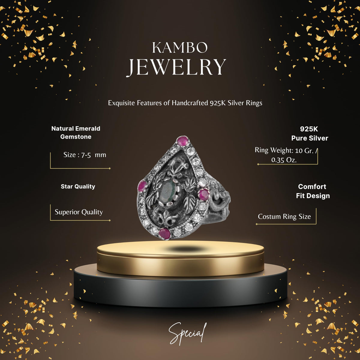KAMBO 925 Sterling Silver Unisex Sultan Ring – Ruby and White Zircon Stone Tear Ottoman Design – Handmade Vintage Royal Jewelry — 3