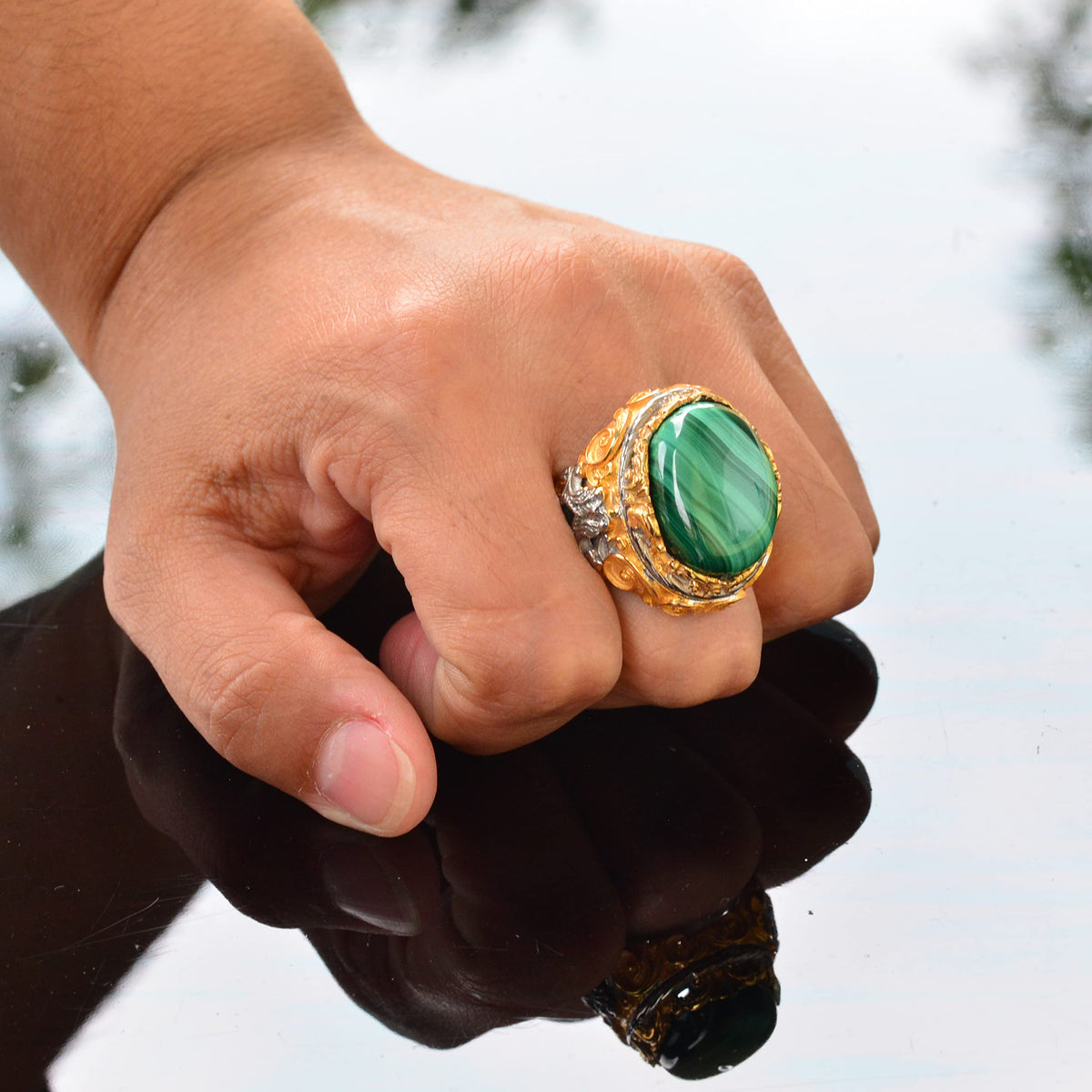 Natural Malachite Stone, 925 Sterling Silver Big Ring, Malachite Ring, Gold Plated — 7