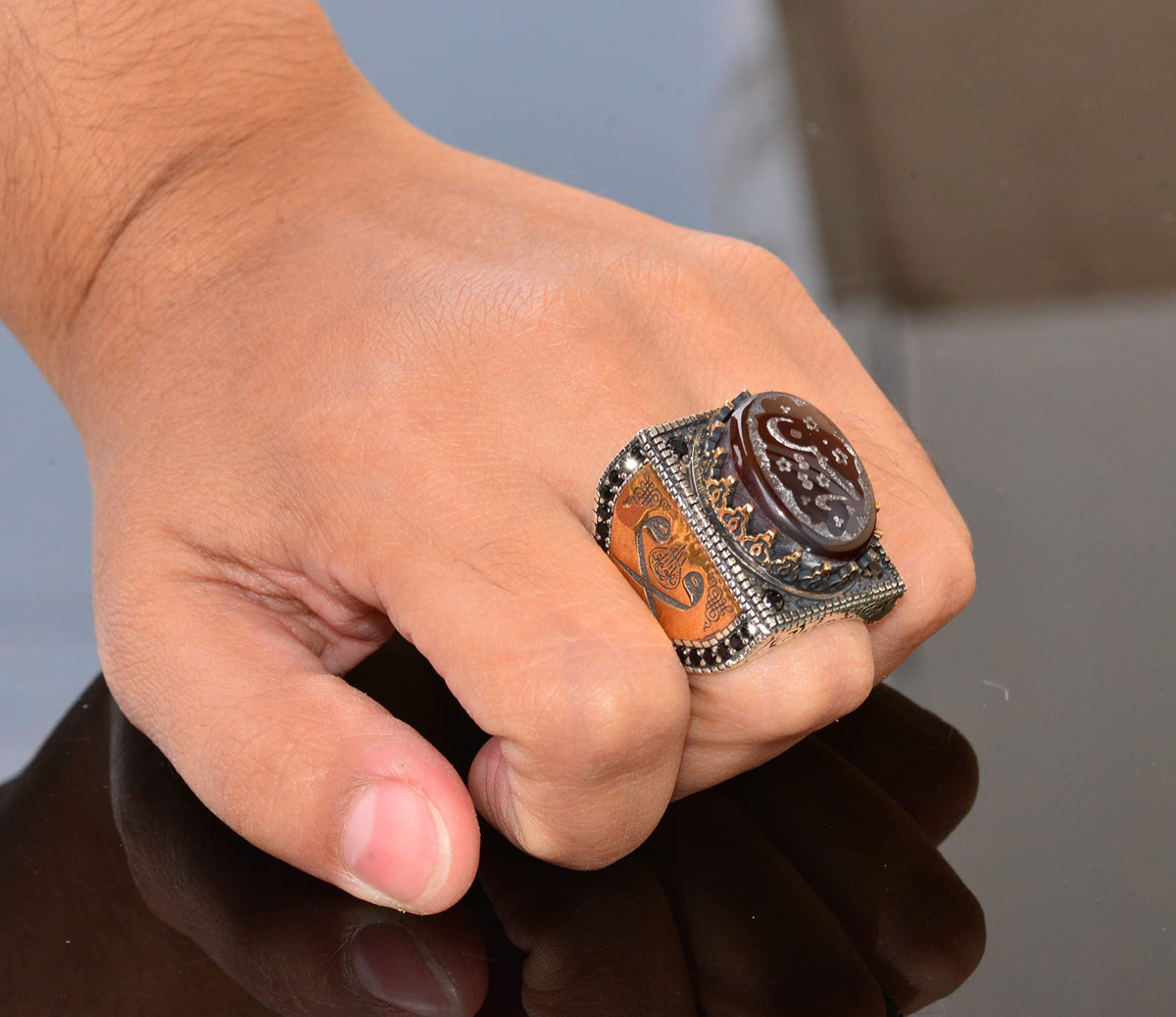 Natural Agate Stone Ring - Islamic Gift, Men's Ring, Silver — 7