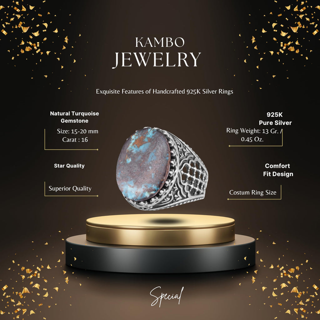 KAMBO Natural Turquoise Stone Men's Ring 925 Sterling Silver Spider Web Pattern Oval Cabochon Vintage Handmade Statement Ring (Turquoise-3) — 2