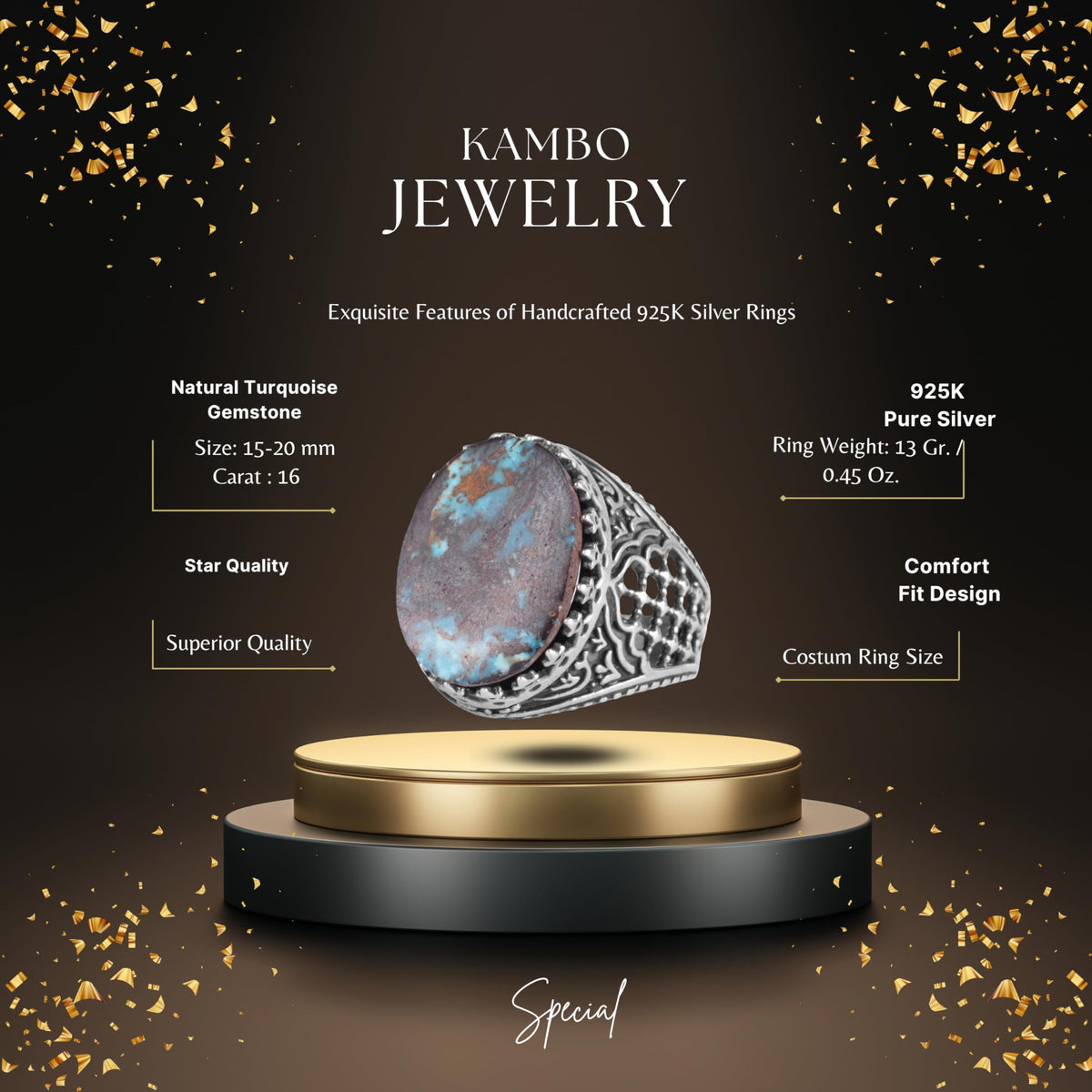 KAMBO Natural Turquoise Stone Men's Ring 925 Sterling Silver Spider Web Pattern Oval Cabochon Vintage Handmade Statement Ring (Turquoise-3) — 2