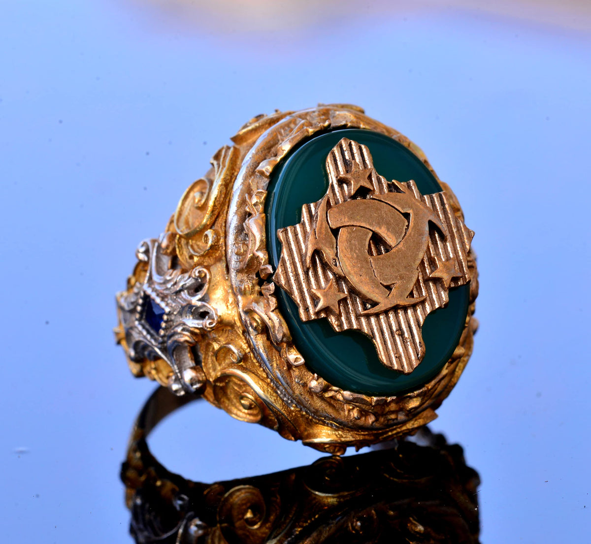 Jade Stone Ring - 925 Sterling Silver Signet Ring - Handmade Gold Plated Men's Ring (Family Crest) — 3