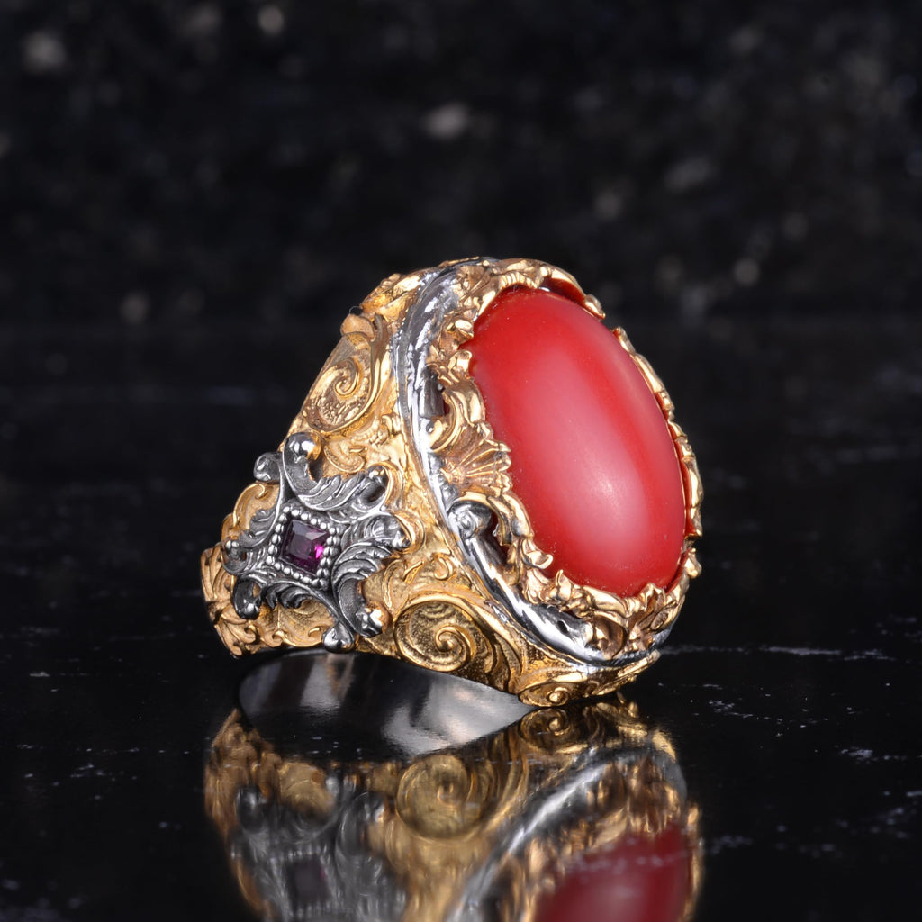 KAMBO Natural Coral Stone Men's Ring 925 Sterling Silver Gold Plated Large Statement Ring Handmade Vintage Design — 6