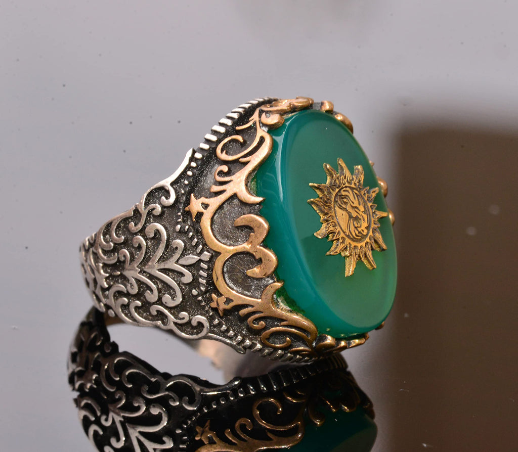 925 Sterling Silver Men's Ring – Green Agate Stone Sun Symbol Ring — 4