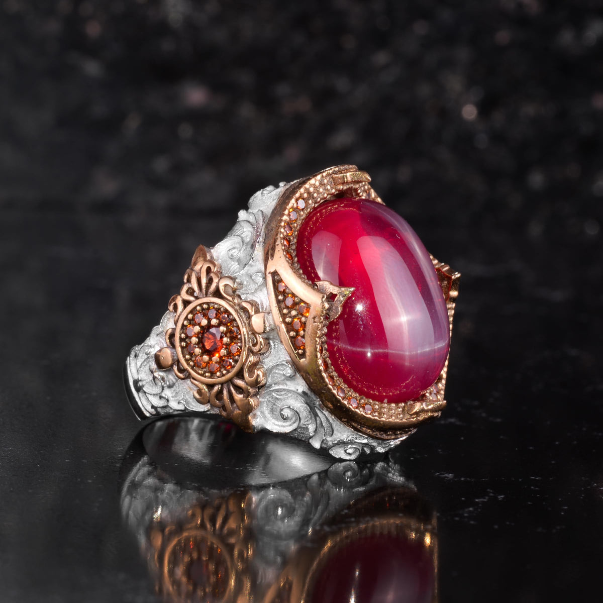 KAMBO Star Ruby Stone Men's Ring – 925 Sterling Silver Bronze Detail Statement Ring – Large Oval Red Star Ruby Handmade Ring — 6
