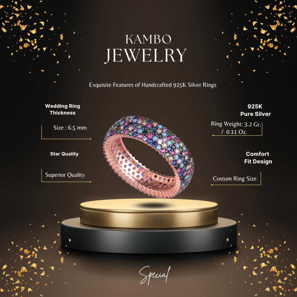 KAMBO 925 Sterling Silver Women's Infinity Band – Rose Gold Plated Multicolored Zircon Ring — 2