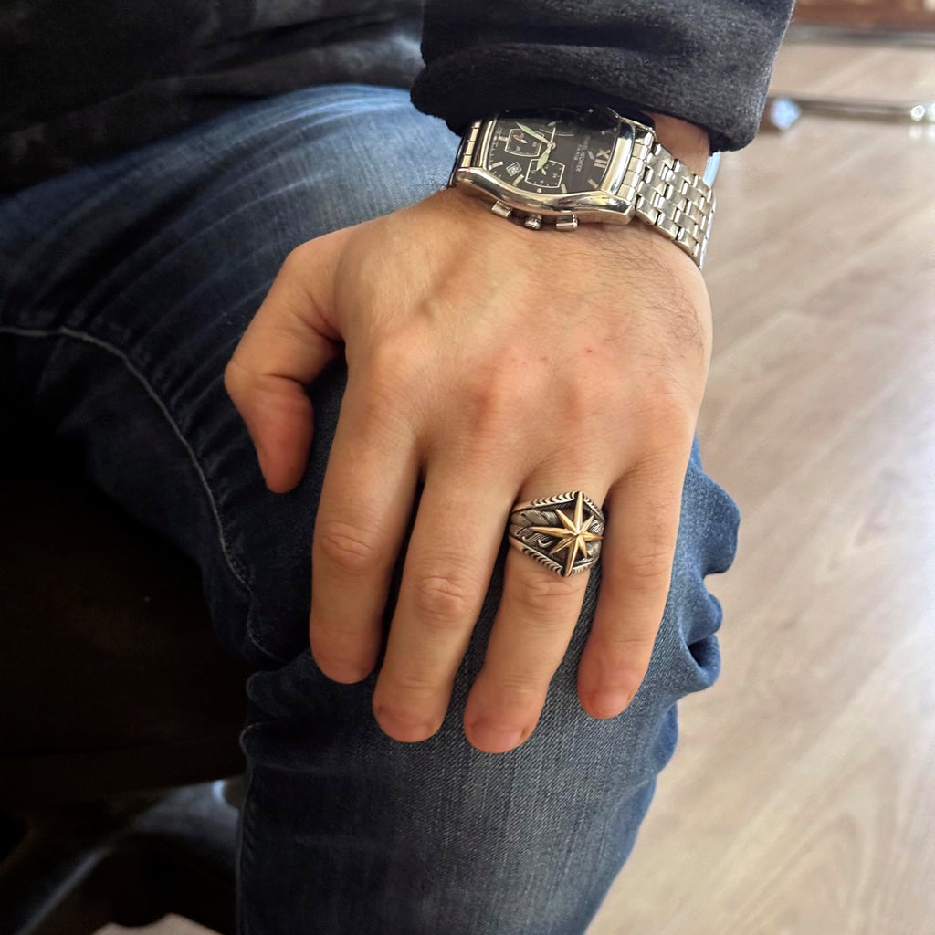 KAMBO Handmade 925 Sterling Silver Compass Signet Ring for Men, Modern Vintage Style Statement Jewelry, Customizable Com