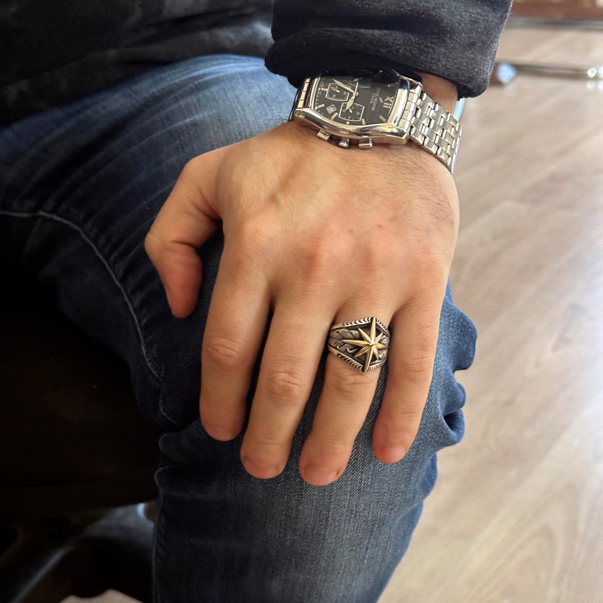 KAMBO Handmade 925 Sterling Silver Compass Signet Ring for Men, Modern Vintage Style Statement Jewelry, Customizable Com