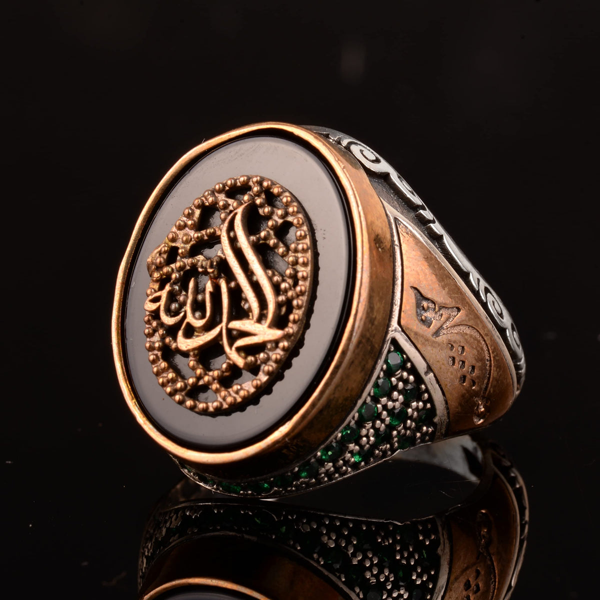 925 Sterling Silver Men's Ring, Onyx Stone and Allah Calligraphy Design — 3