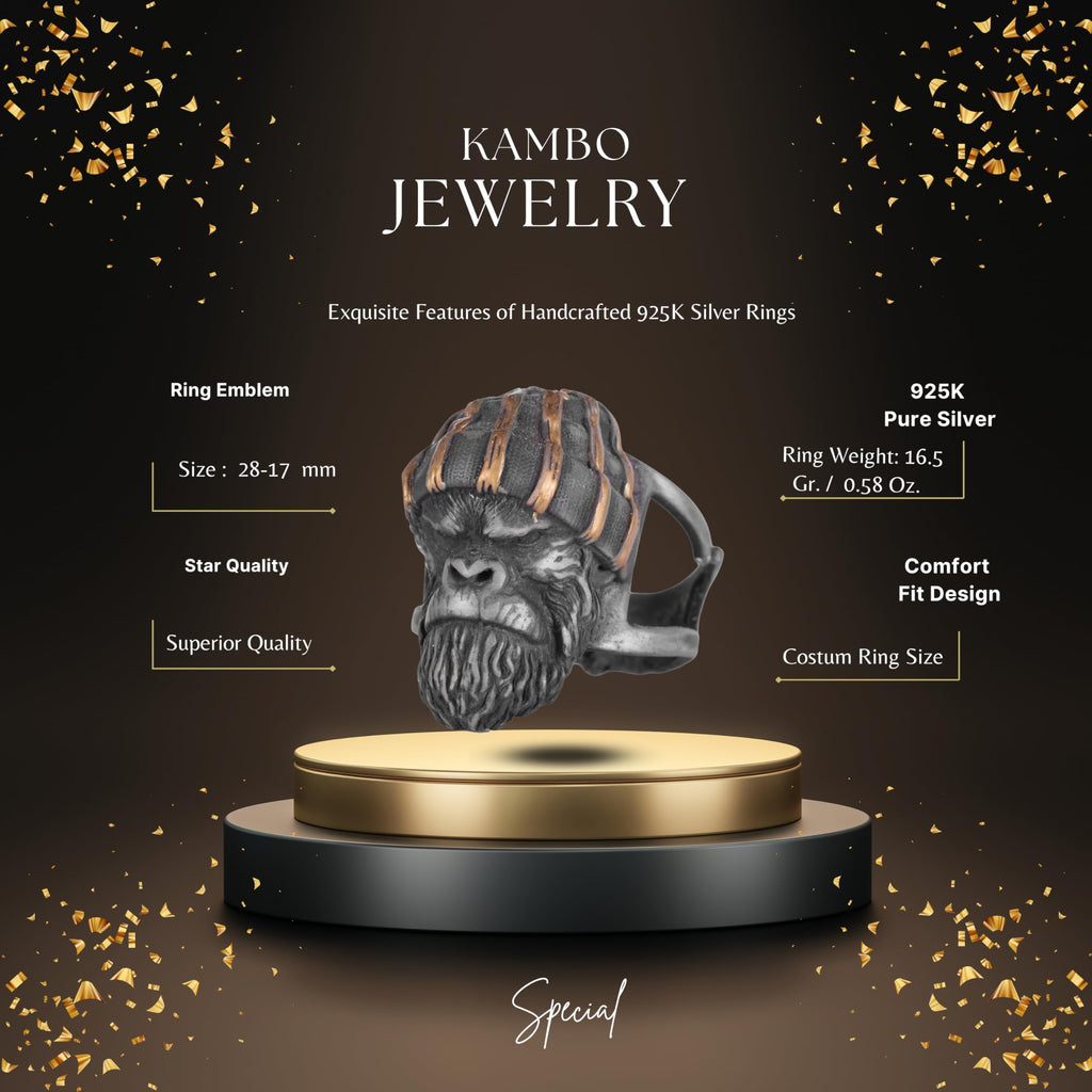 KAMBO Gorilla Head Men's Ring – 925 Sterling Silver Gold Plated Primate Ring – Handmade Animal Statement Jewelry — 2
