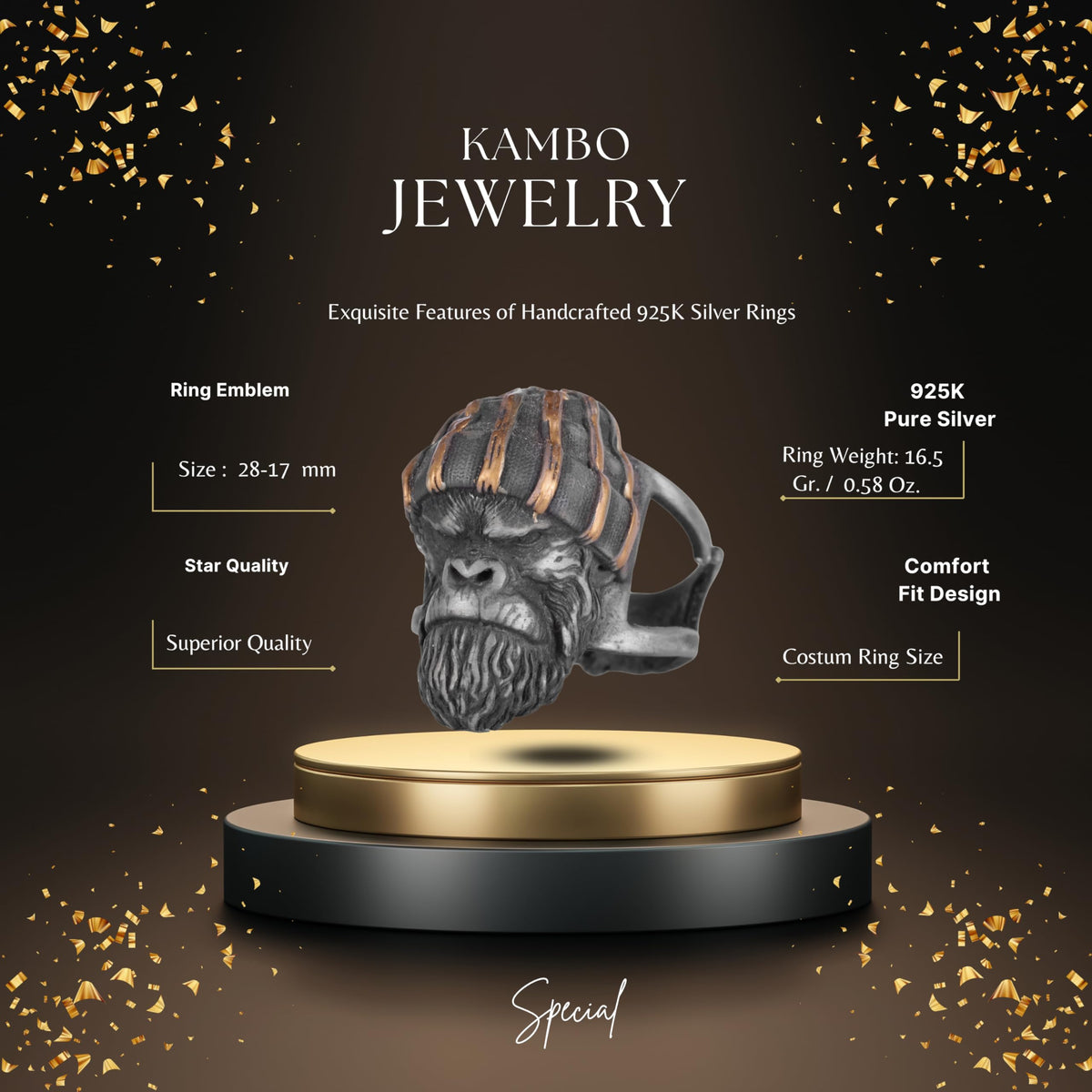KAMBO Gorilla Head Men's Ring – 925 Sterling Silver Gold Plated Primate Ring – Handmade Animal Statement Jewelry — 2