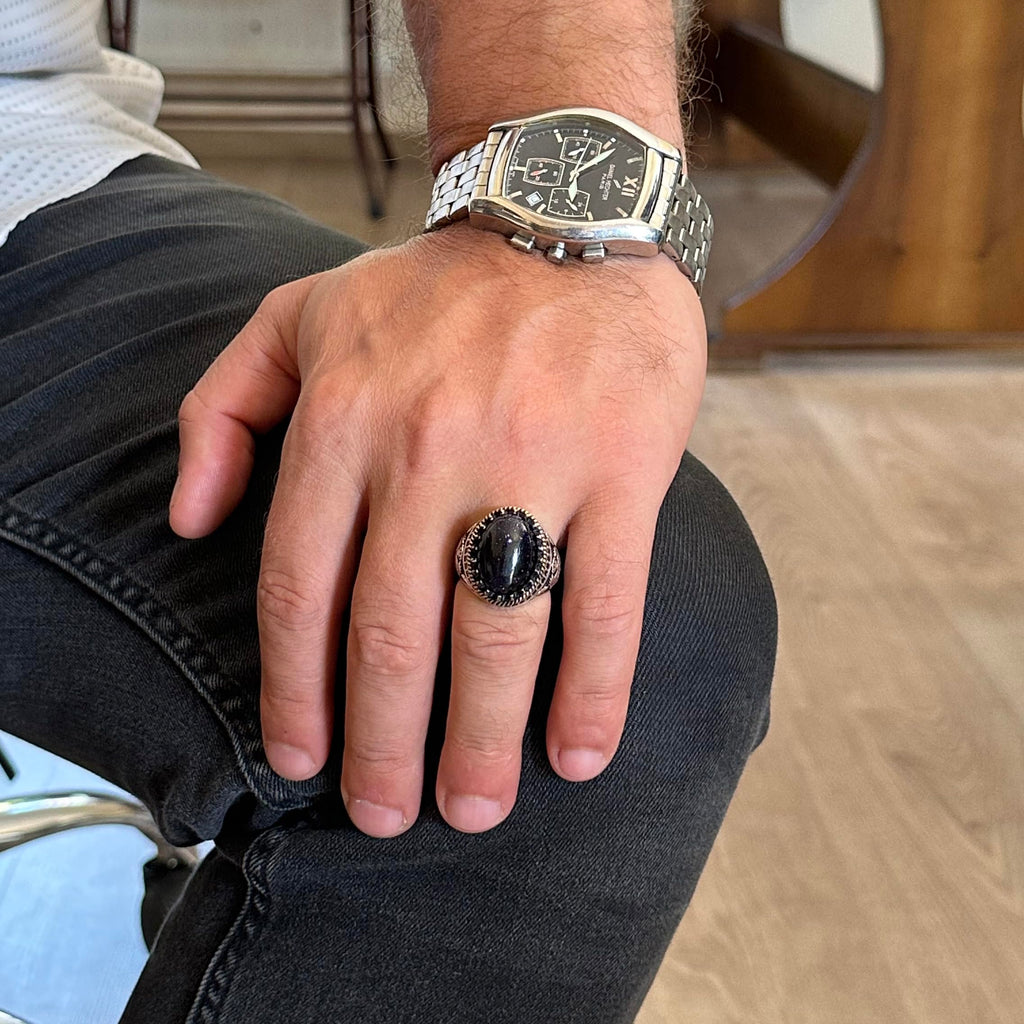 925 Sterling Silver Ring, Synthetic Stone Ring, Eagle Symbol Ring, Handmade Ring (Synthetic Blue Sunstone) — 3
