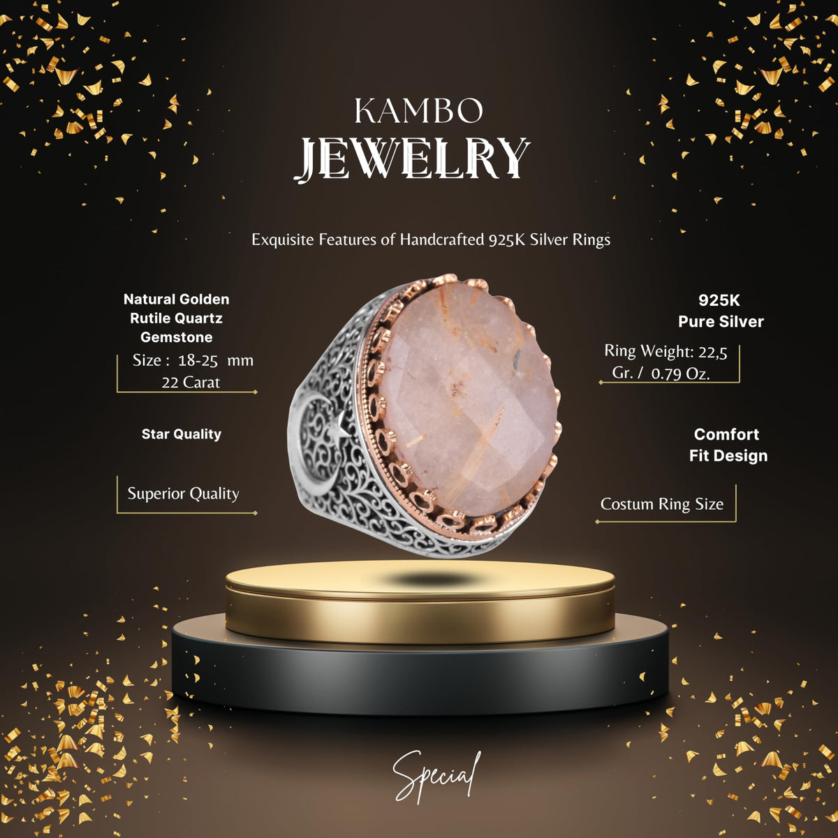 KAMBO 925 Sterling Silver Men's Natural Stone Ring - Moon and Star Design - Handmade Vintage Jewelry (Golden Rutilated Quartz) — 3
