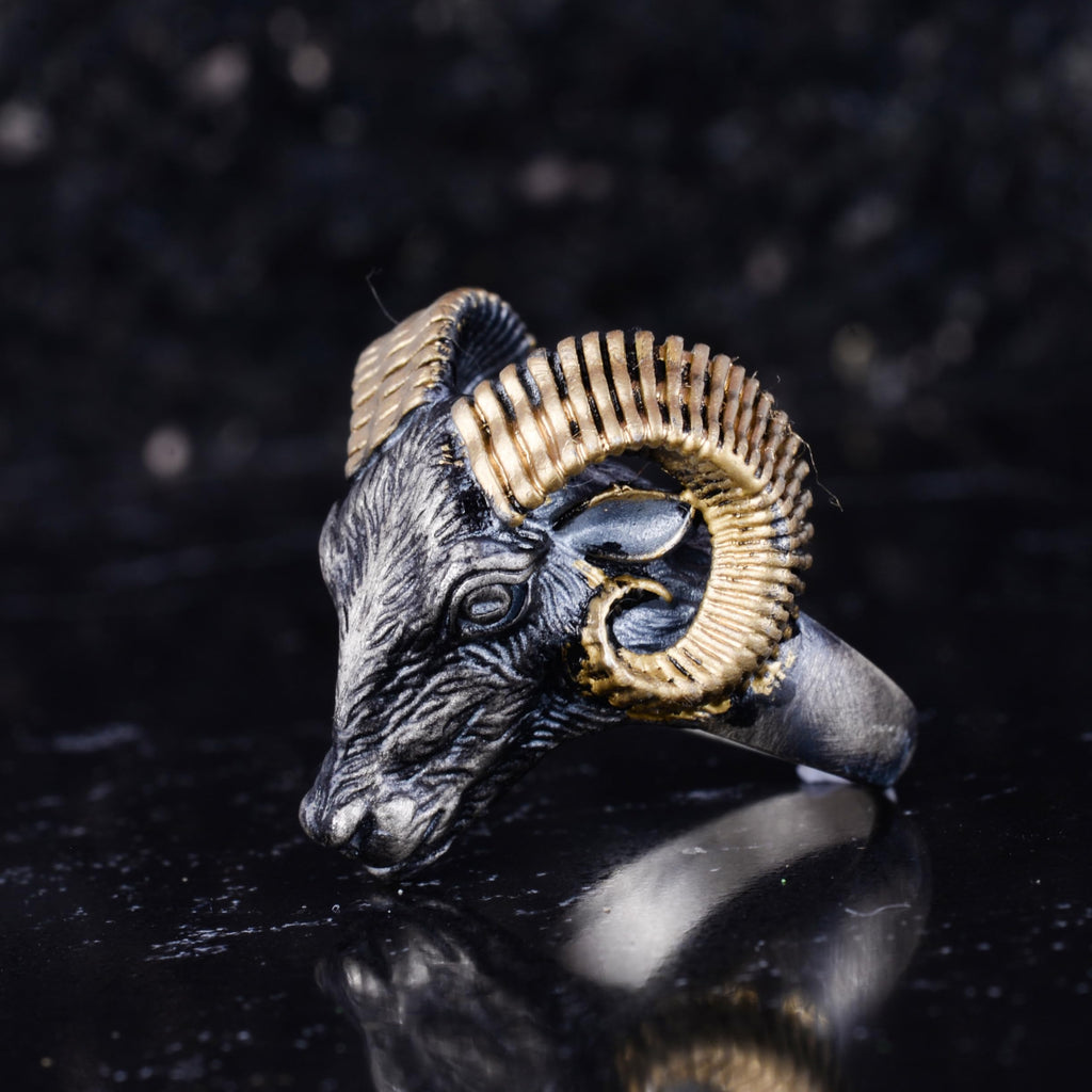 KAMBO 925 Sterling Silver Ram Head Men's Ring – Handmade Ram Symbol Jewelry – Thick Animal Design Silver Men's Statement Ring (Gold Plated) — 5