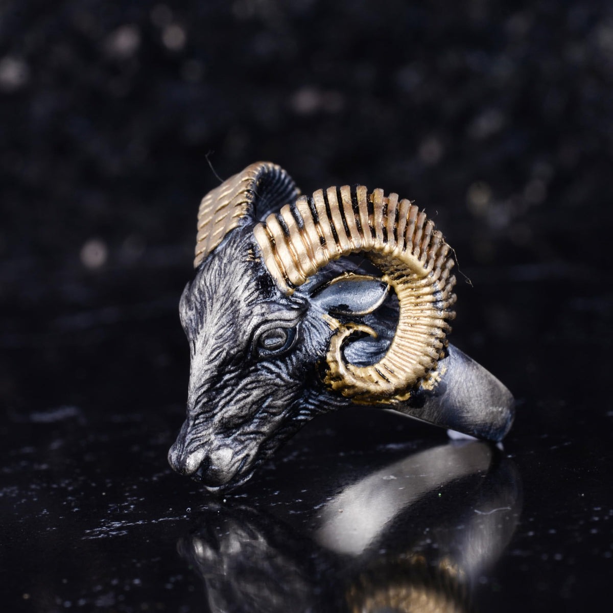 KAMBO 925 Sterling Silver Ram Head Men's Ring – Handmade Ram Symbol Jewelry – Thick Animal Design Silver Men's Statement Ring (Gold Plated) — 5