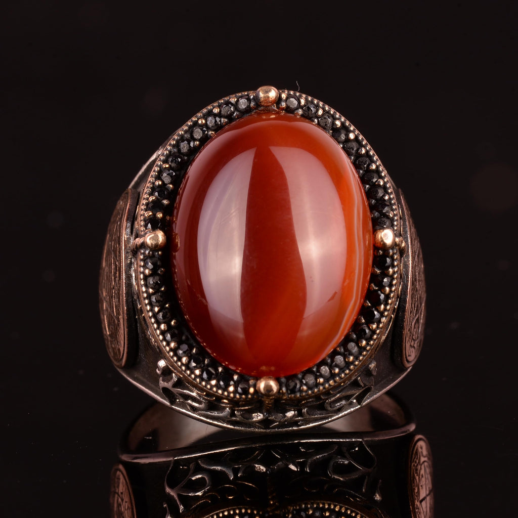 Handmade Silver Ring - Natural Carnelian Stone, Star of David Symbol — 6