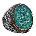 Handmade Solomon Seal Ring, Natural Green Onyx Stone, Islamic Men's Ring, 925 Sterling Silver