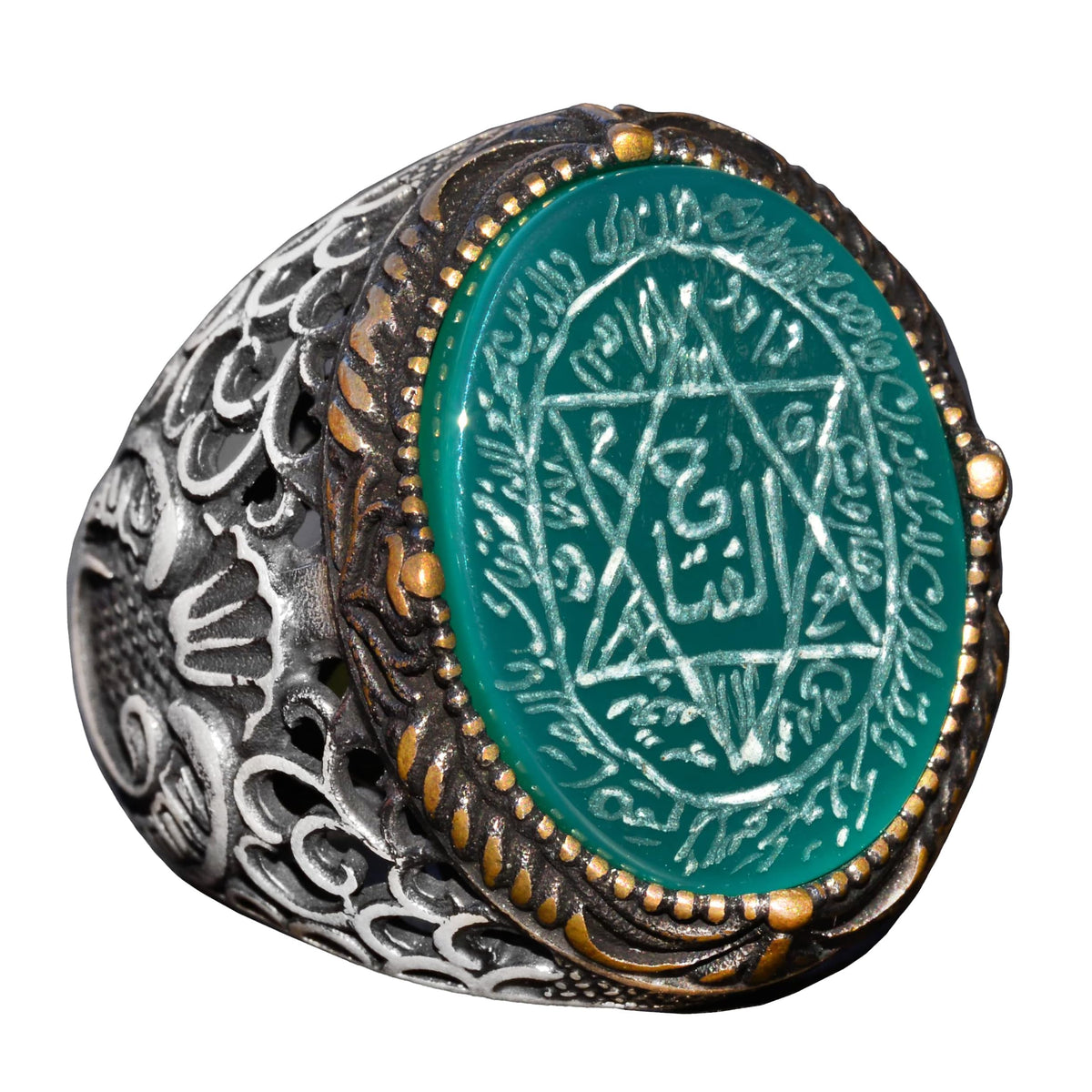 Handmade Solomon Seal Ring, Natural Green Onyx Stone, Islamic Men's Ring, 925 Sterling Silver